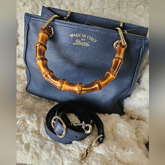 GUCCI 2 Way Bamboo Leather Small Shopper Navy 336032 - Picture 16 of 17